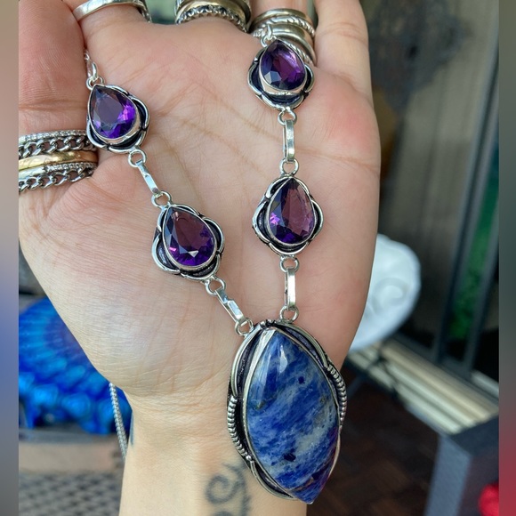925 sterling silver overlay purple amethyst & blue sodalite stone boho necklace - Picture 14 of 15